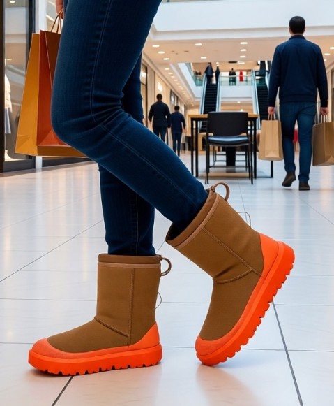 Женские короткие угги с галошами Classic Short Weather Hybrid - Chestnut / Orange